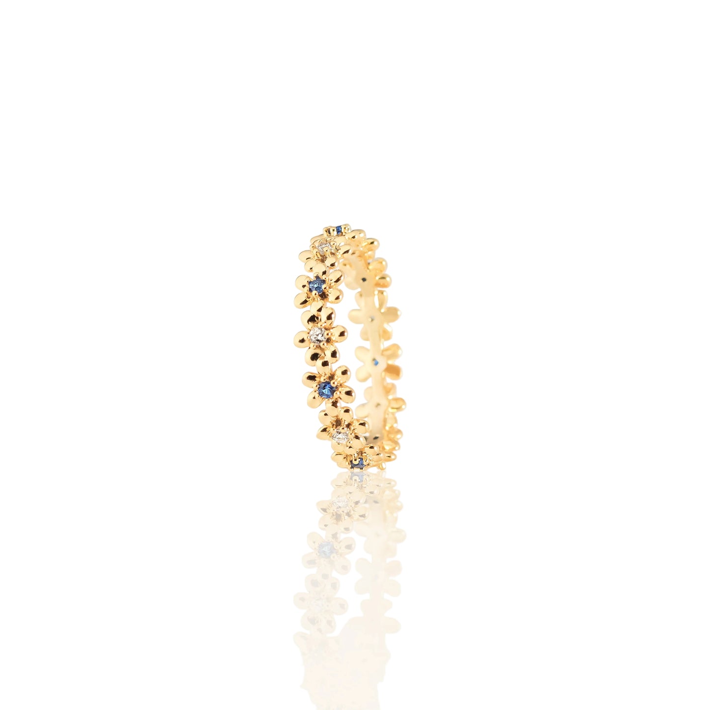 Floral Diamond & Sapphire Eternity Ring – Golden Garden of Sparkling Blooms
