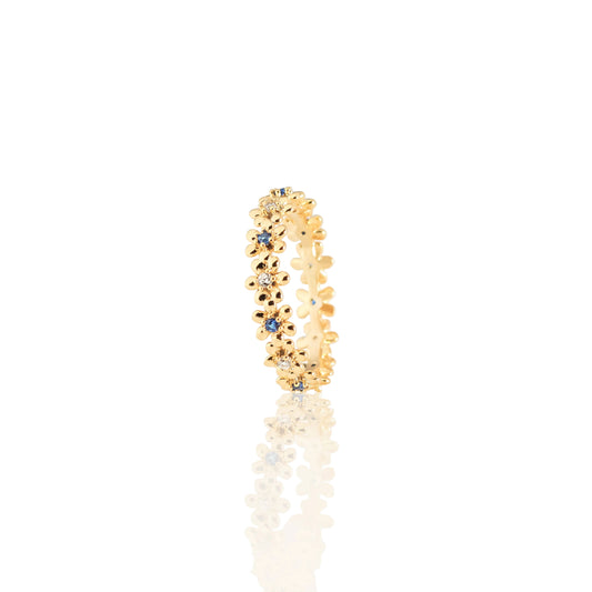 Floral Diamond & Sapphire Eternity Ring – Golden Garden of Sparkling Blooms