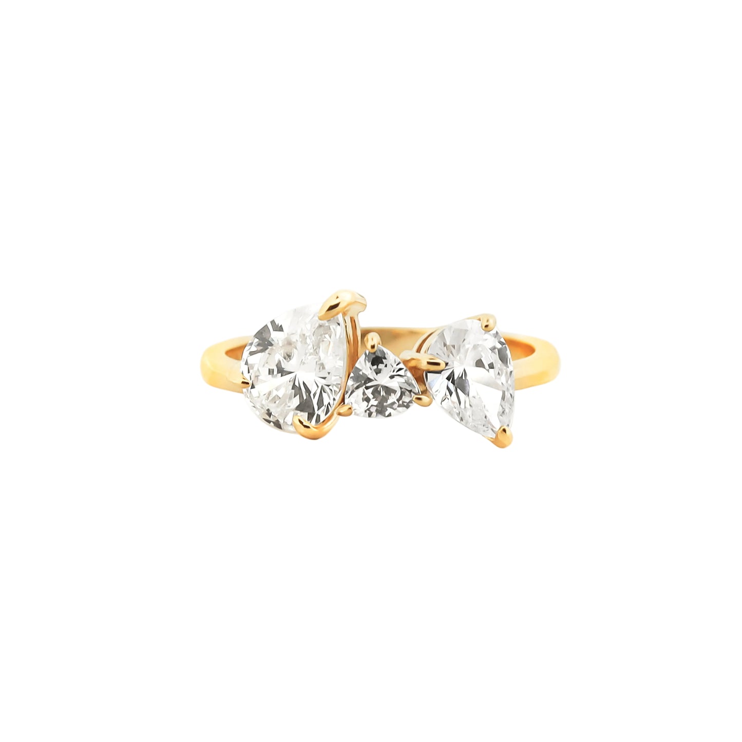 Three-Stone Pear & Trillion Diamond Ring – Golden Sparkle of Asymmetrical Love