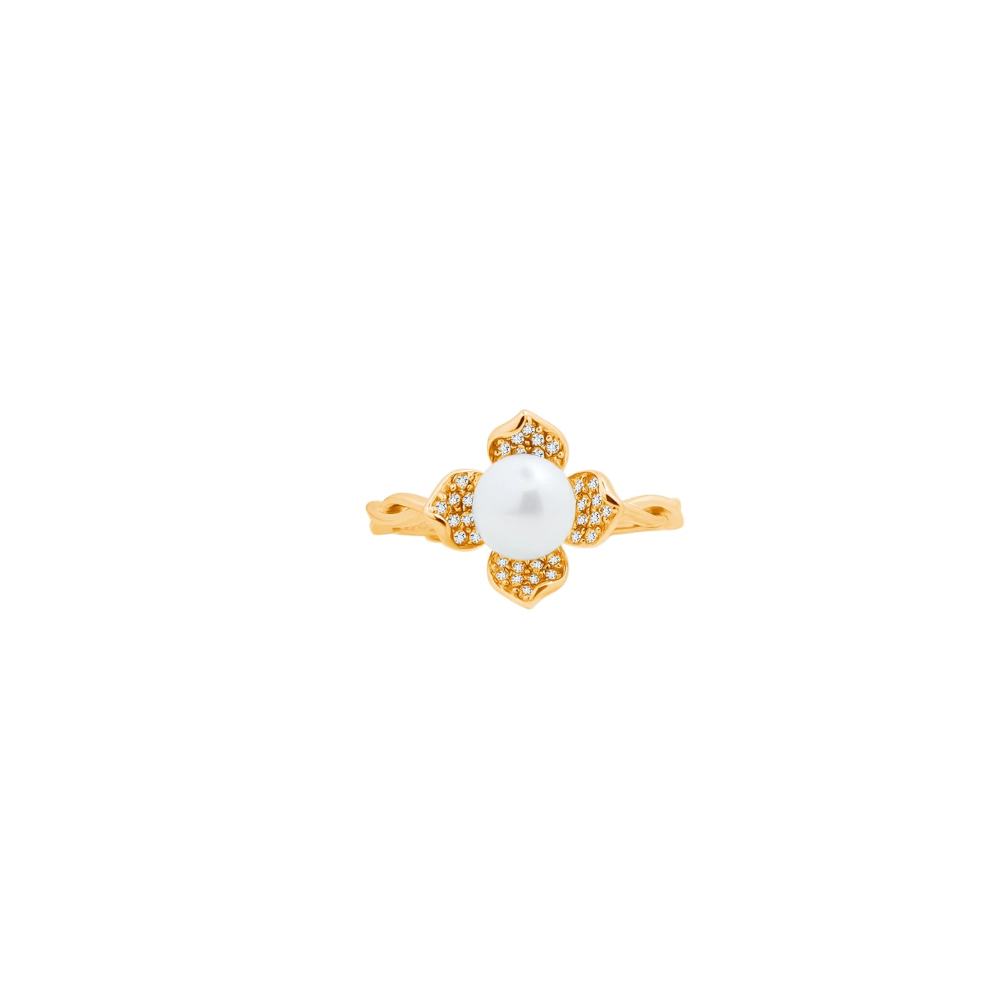 Pearl Flower Diamond Ring – Golden Bloom with Pearl Heart