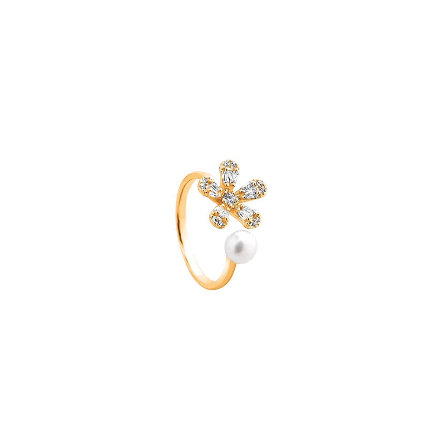 Daisy Diamond & Pearl Open Ring – Golden Bloom with Pearl Dewdrop