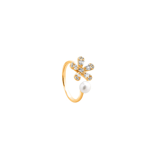 Daisy Diamond & Pearl Open Ring – Golden Bloom with Pearl Dewdrop