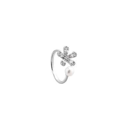 Daisy Diamond & Pearl Open Ring – Golden Bloom with Pearl Dewdrop