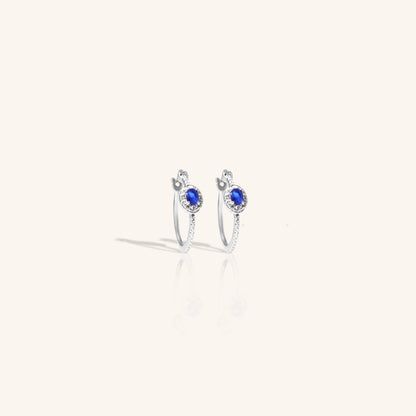 One Blue Sapphire Diamond Hoops