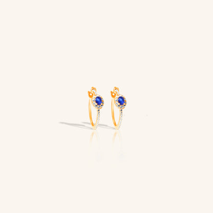 One Blue Sapphire Diamond Hoops
