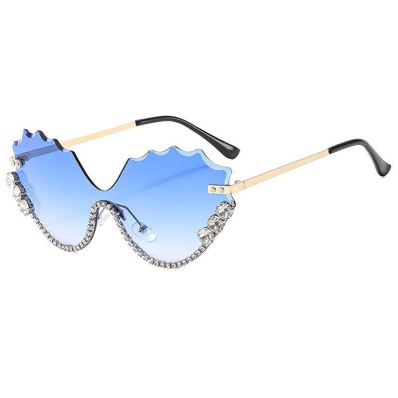 Rhinestone Decor Wave Frame Oversized Rimless Sunglasses
