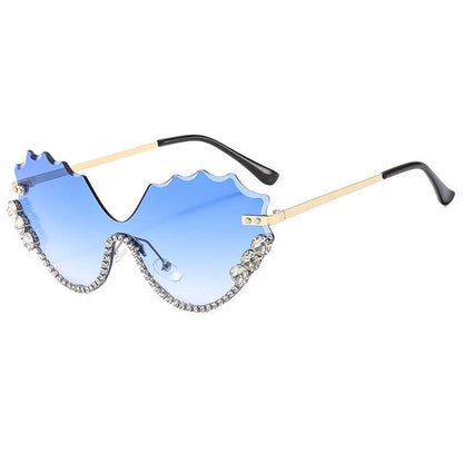 Rhinestone Decor Wave Frame Oversized Rimless Sunglasses