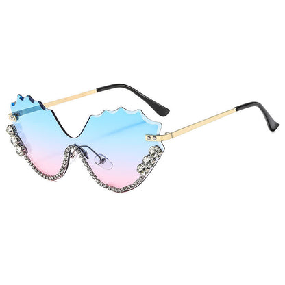 Rhinestone Decor Wave Frame Oversized Rimless Sunglasses