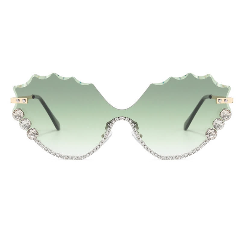 Rhinestone Decor Wave Frame Oversized Rimless Sunglasses