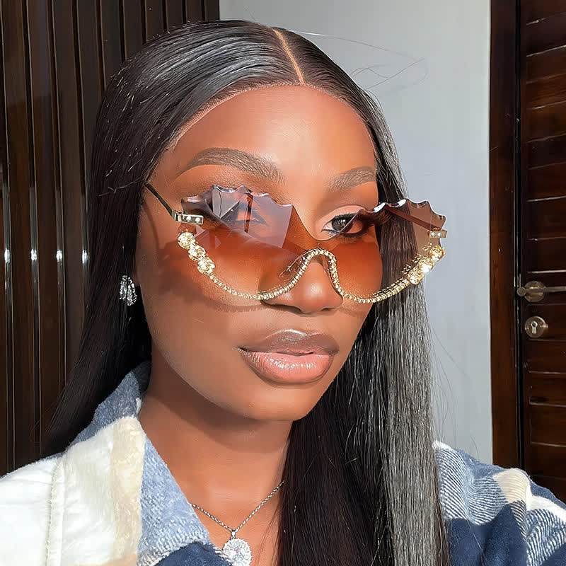 Rhinestone Decor Wave Frame Oversized Rimless Sunglasses