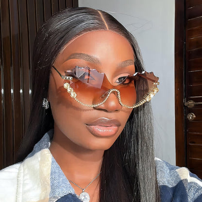 Rhinestone Decor Wave Frame Oversized Rimless Sunglasses
