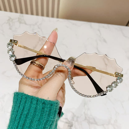 Rhinestone Decor Wave Frame Oversized Rimless Sunglasses