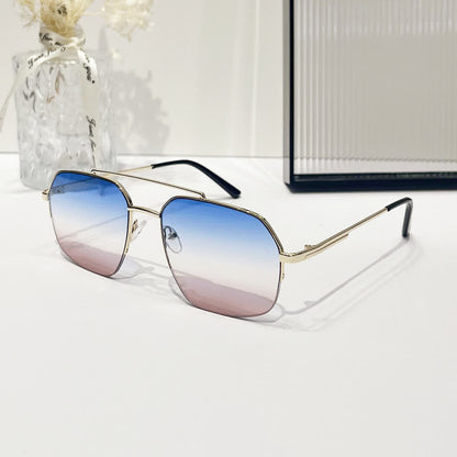 Trendy Retro Semi-Rimless Double Bridges Aviator Sunglasses