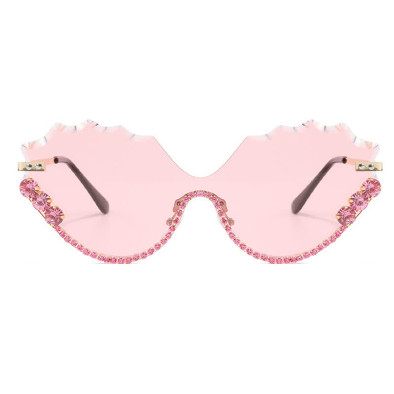 Rhinestone Decor Wave Frame Oversized Rimless Sunglasses