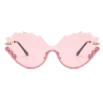 Rhinestone Decor Wave Frame Oversized Rimless Sunglasses