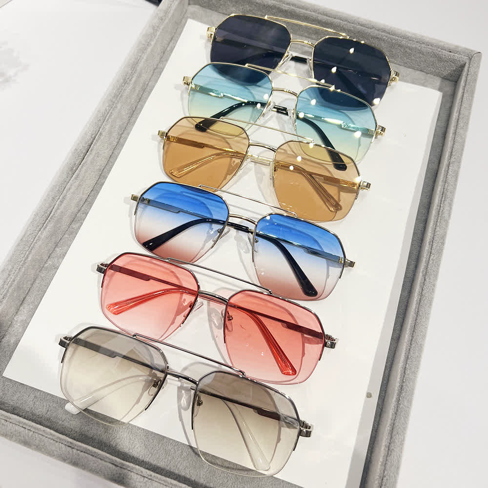Trendy Retro Semi-Rimless Double Bridges Aviator Sunglasses