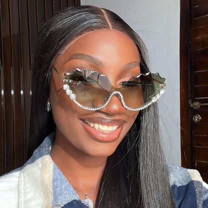 Rhinestone Decor Wave Frame Oversized Rimless Sunglasses