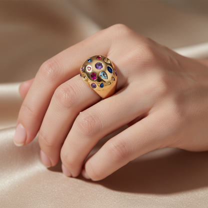 Multicolor Gem Statement Ring – A Golden Canvas of Rainbow Sparkle