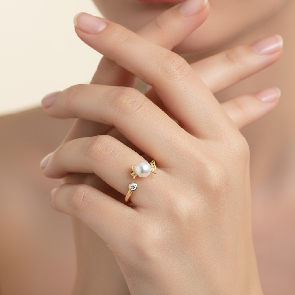 Candy Pearl & Star Open Ring – Golden Sweetness with Sparkle Kiss