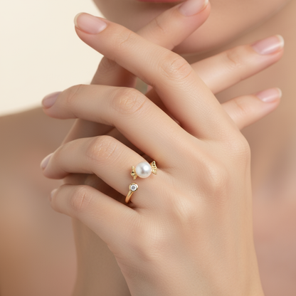 Candy Pearl & Star Open Ring – Golden Sweetness with Sparkle Kiss