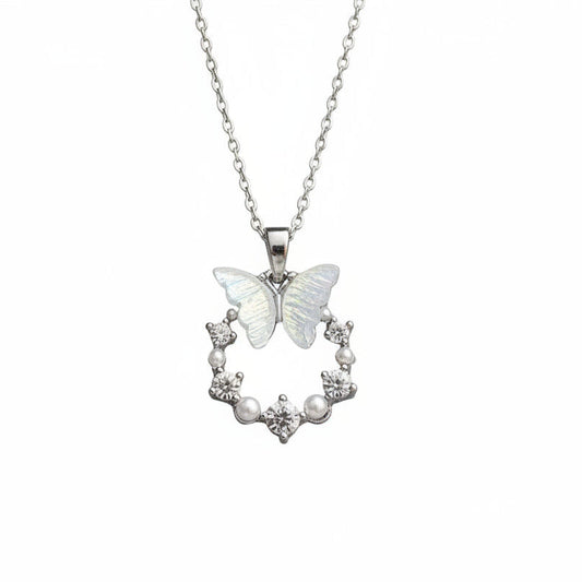 Butterfly & Pearl Circle Pendant – Graceful Sparkle for Your Neckline