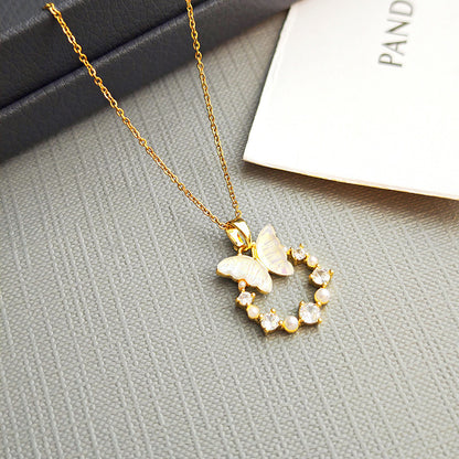 Butterfly & Pearl Circle Pendant – Graceful Sparkle for Your Neckline