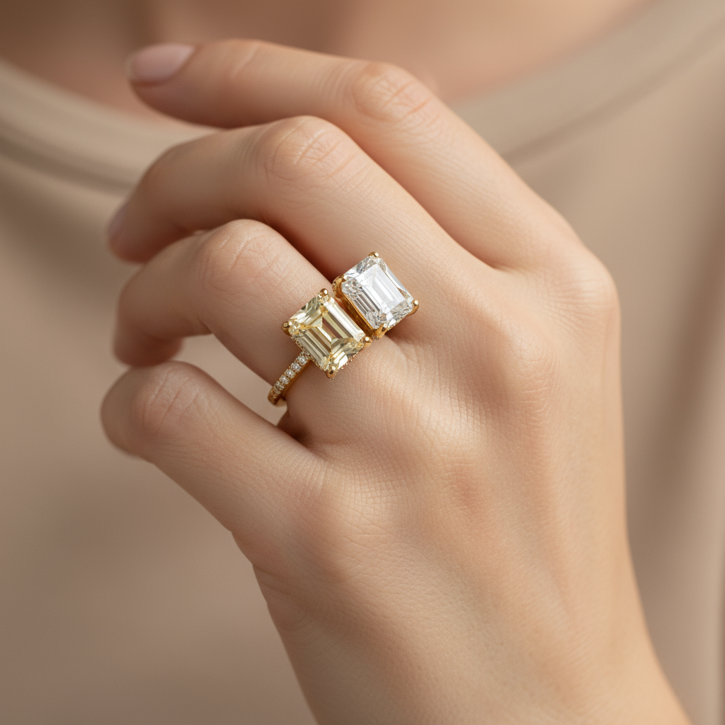 Two-Stone Yellow & White Diamond Ring – Golden Clash of Timeless Sparkle